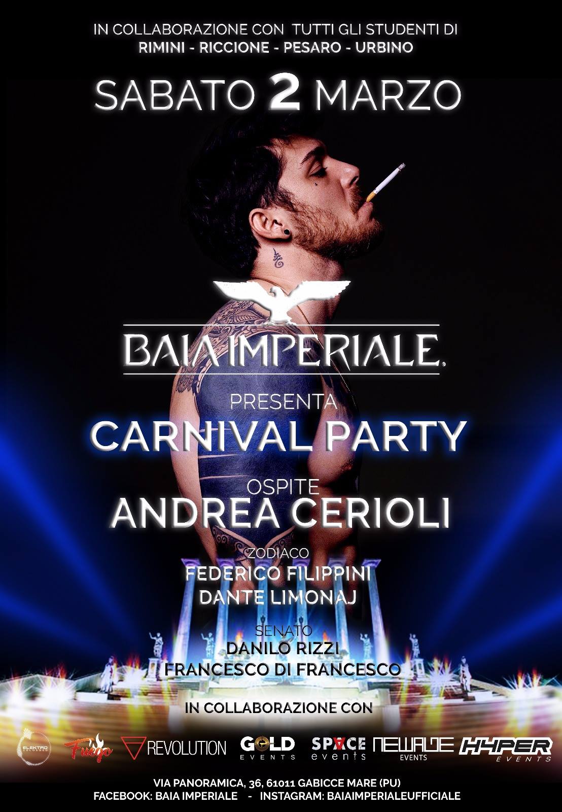 Carnevale ospite Andrea Cerioli discoteca Baia Imperiale Gabicce Mare
